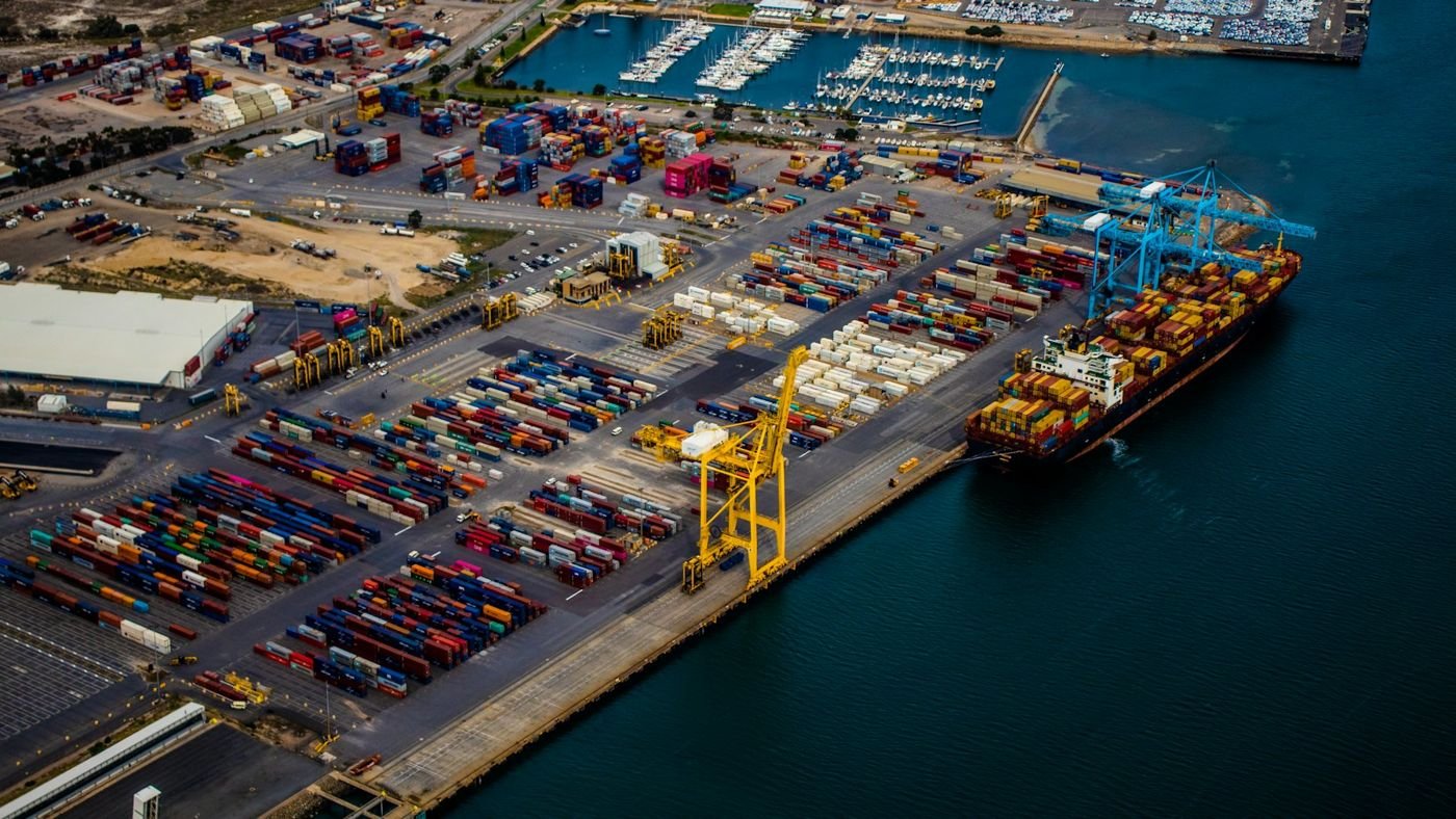 Container terminal with a docked ship