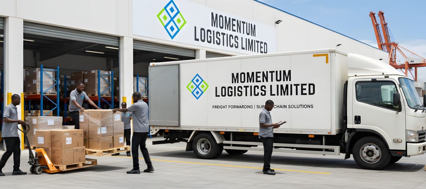 Momentum warehouse with trucks loading